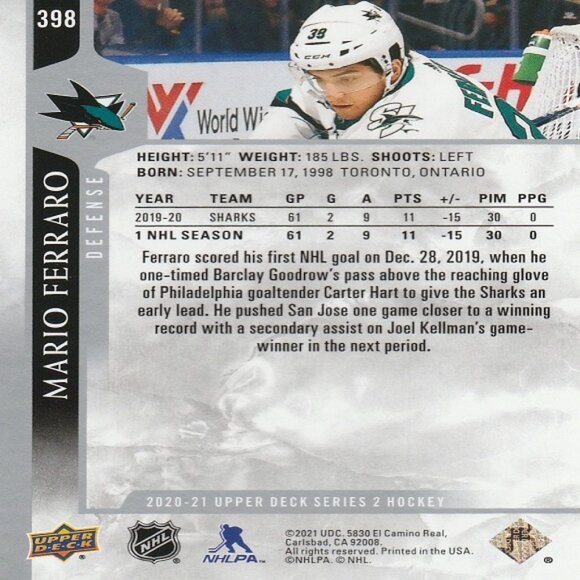 Mario Ferraro - 2020/2021 Upper Deck Series 2 Hockey Card - Picture 2 of 2